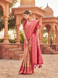 Pink Soft Banarasi Silk With Gold Zari Weaving With Zhallar Saree With Blouse Piece