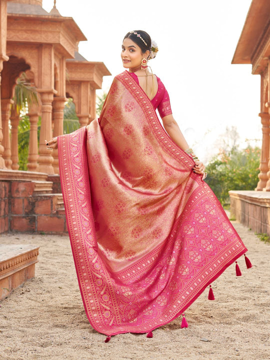 Pink Soft Banarasi Silk With Gold Zari Weaving With Zhallar Saree With Blouse Piece