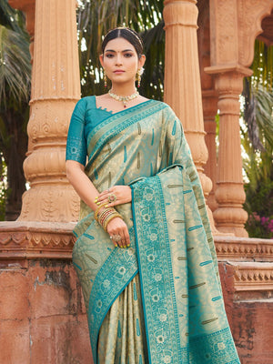 Blue Soft Banarasi Silk With Gold Zari Weaving With Zhallar Saree With Blouse Piece