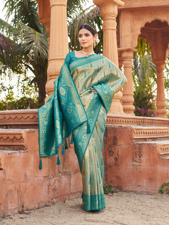 Blue Soft Banarasi Silk With Gold Zari Weaving With Zhallar Saree With Blouse Piece