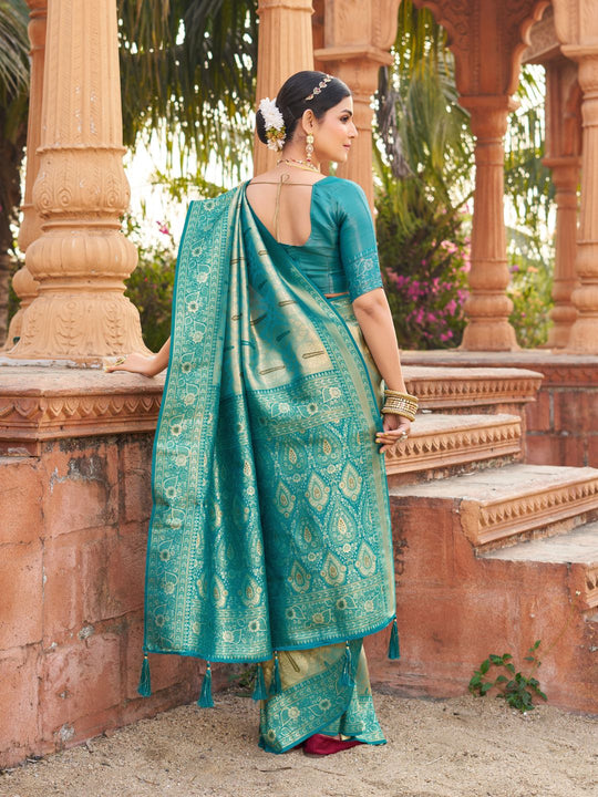 Blue Soft Banarasi Silk With Gold Zari Weaving With Zhallar Saree With Blouse Piece