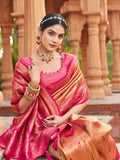 Dark Pink Soft Banarasi Silk With Gold Zari Weaving With Zhallar Saree With Blouse Piece