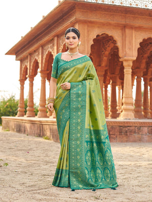 Green Soft Banarasi Silk With Gold Zari Weaving With Zhallar Saree With Blouse Piece