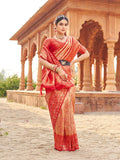 Red Soft Banarasi Silk With Gold Zari Weaving With Zhallar Saree With Blouse Piece