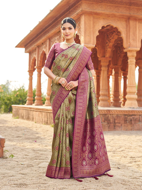 Wine Soft Banarasi Silk With Gold Zari Weaving With Zhallar Saree With Blouse Piece