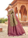 Wine Soft Banarasi Silk With Gold Zari Weaving With Zhallar Saree With Blouse Piece