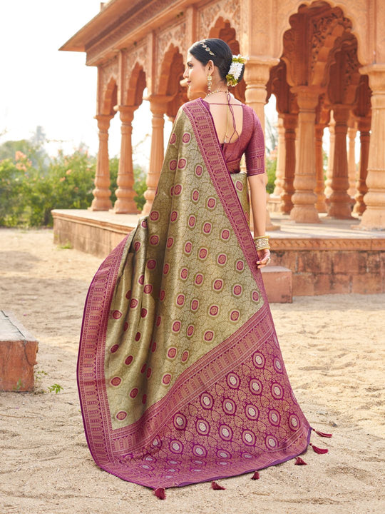 Wine Soft Banarasi Silk With Gold Zari Weaving With Zhallar Saree With Blouse Piece
