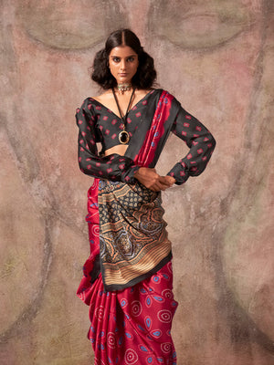 Deep Red Ajarakh Print Satin Georgette Saree With Blouse Piece