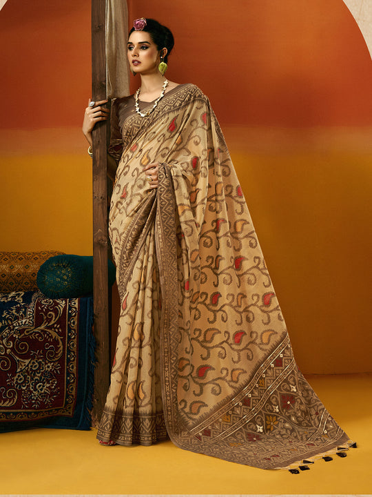 Brown Cotton Blend Jamdani Saree With Blouse Piece