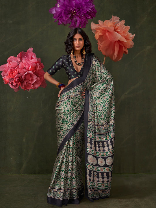Deep Green Printed Ajarakh - Satin Crepe Saree With Blouse Piece