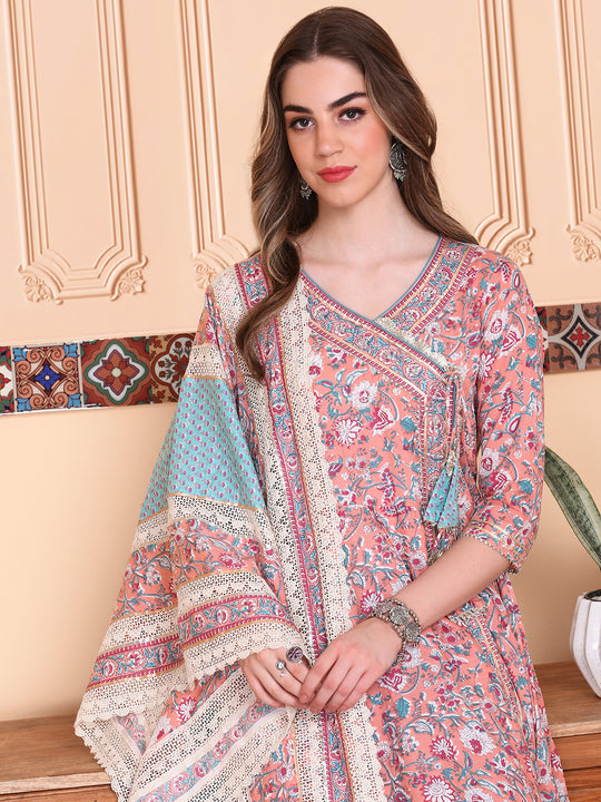 V-Neck Floral Printed Angrakha Pure Cotton Anarkali Kurta with Trousers & Dupatta