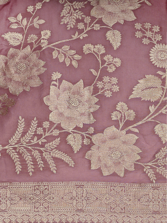 Floral Embroidered Sequinned Straight Kurta With Trousers & Dupatta