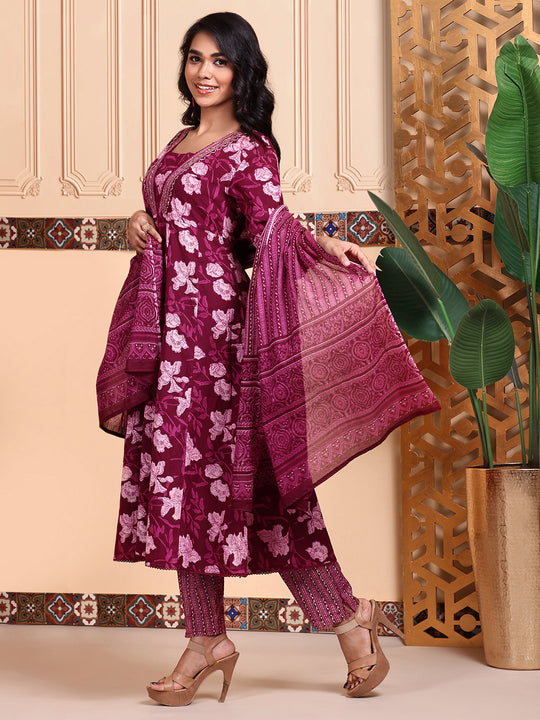 Cotton Embellished Floral Printed A-line Kurta With Trouser & Dupatta