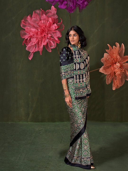 Deep Green Printed Ajarakh - Satin Crepe Saree With Blouse Piece