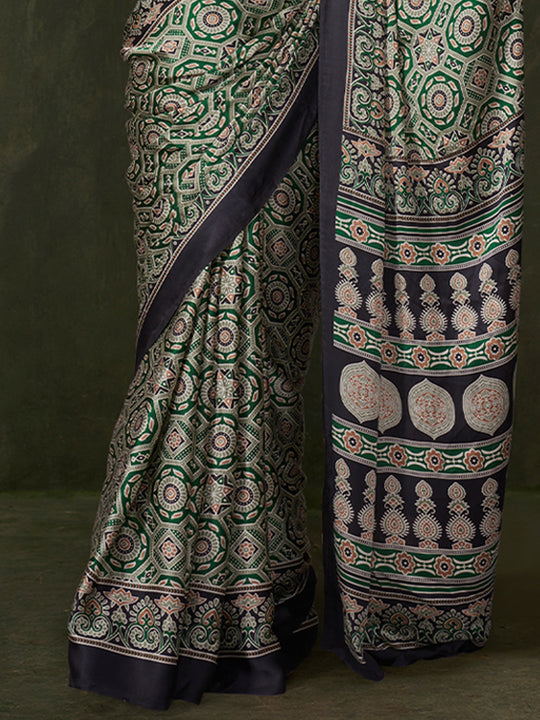 Deep Green Printed Ajarakh - Satin Crepe Saree With Blouse Piece