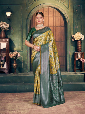 Yellow Soft Banarasi Silk With Gold Zari Weaving With Zhallar Saree With Blouse Piece