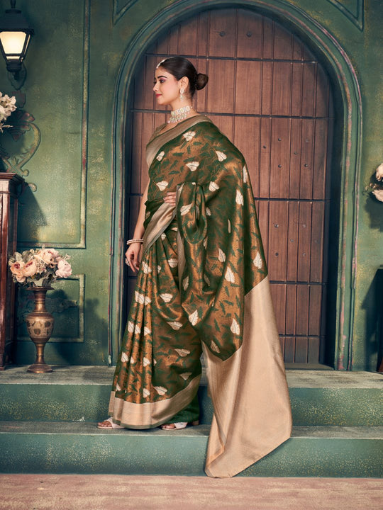 Brown Soft Banarasi Silk With Gold Zari Weaving With Zhallar Saree With Blouse Piece