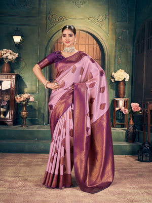 Light Pink Soft Banarasi Silk With Gold Zari Weaving With Zhallar Saree With Blouse Piece