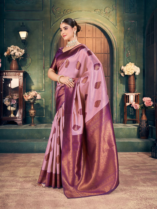 Light Pink Soft Banarasi Silk With Gold Zari Weaving With Zhallar Saree With Blouse Piece