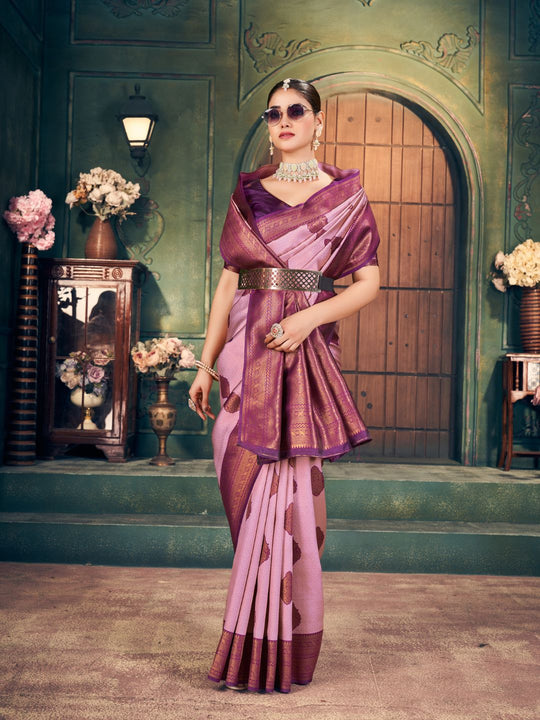 Light Pink Soft Banarasi Silk With Gold Zari Weaving With Zhallar Saree With Blouse Piece