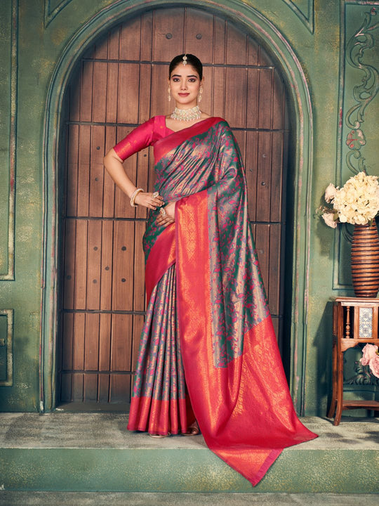 Dark Green Soft Banarasi Silk With Gold Zari Weaving With Zhallar Saree With Blouse Piece
