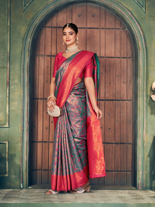 Dark Green Soft Banarasi Silk With Gold Zari Weaving With Zhallar Saree With Blouse Piece