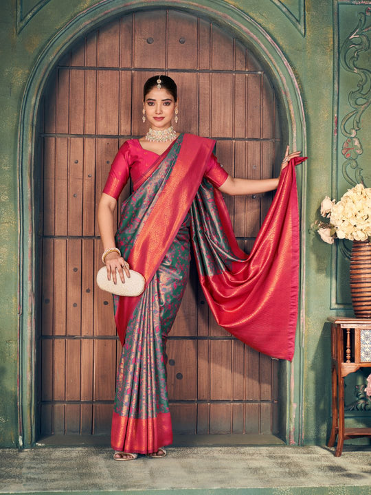 Dark Green Soft Banarasi Silk With Gold Zari Weaving With Zhallar Saree With Blouse Piece