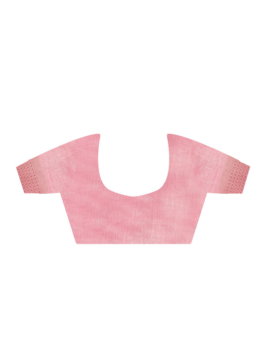 Pink Printed Linen Blend Saree With Blouse Piece