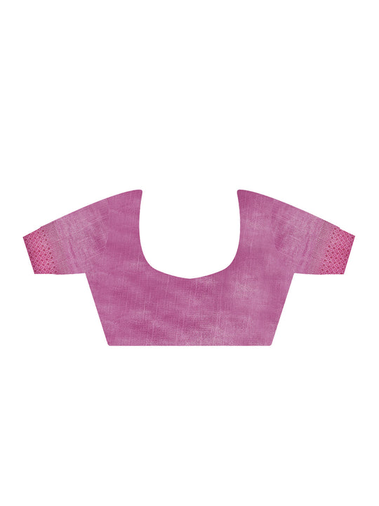 Pink Printed Linen Blend Saree With Blouse Piece