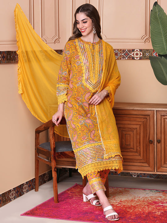Women Floral Printed Regular Thread Work Kurta with Trousers & With Dupatta