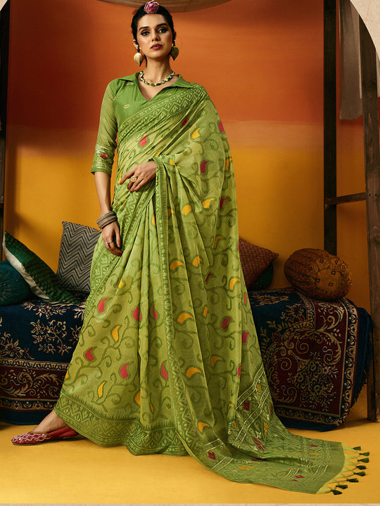 Green Cotton Blend Jamdani Saree With Blouse Piece