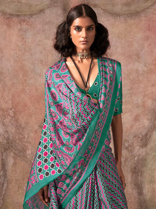 Rama Green Ajarakh Print Satin Georgette Saree With Blouse Piece