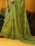 Green Cotton Blend Jamdani Saree With Blouse Piece