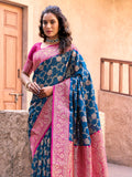 Blue Soft Banarasi Silk With Gold Zari Weaving With Zhallar Saree With Blouse Piece