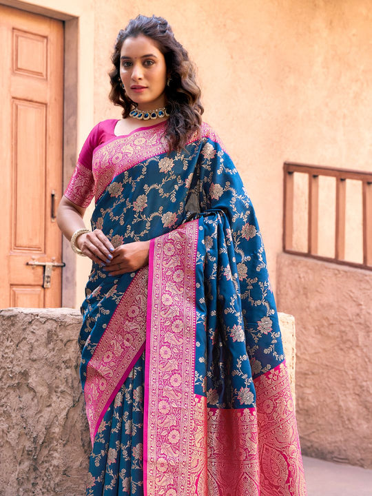 Blue Soft Banarasi Silk With Gold Zari Weaving With Zhallar Saree With Blouse Piece