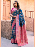 Blue Soft Banarasi Silk With Gold Zari Weaving With Zhallar Saree With Blouse Piece
