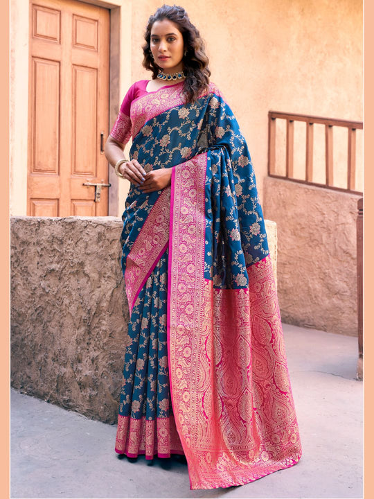 Blue Soft Banarasi Silk With Gold Zari Weaving With Zhallar Saree With Blouse Piece