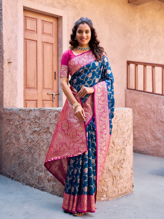 Blue Soft Banarasi Silk With Gold Zari Weaving With Zhallar Saree With Blouse Piece