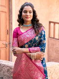 Blue Soft Banarasi Silk With Gold Zari Weaving With Zhallar Saree With Blouse Piece
