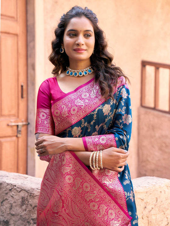 Blue Soft Banarasi Silk With Gold Zari Weaving With Zhallar Saree With Blouse Piece
