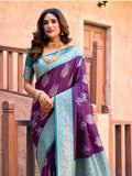 Purple Soft Banarasi Silk With Gold Zari Weaving With Zhallar Saree With Blouse Piece