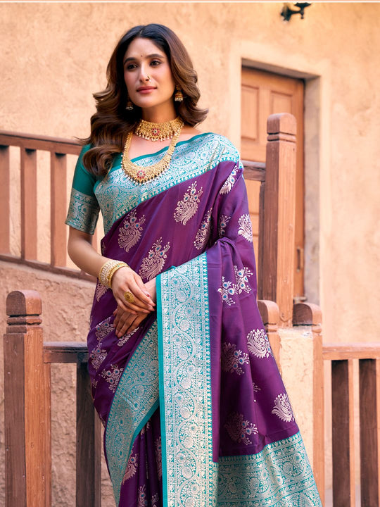 Purple Soft Banarasi Silk With Gold Zari Weaving With Zhallar Saree With Blouse Piece