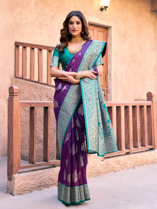 Purple Soft Banarasi Silk With Gold Zari Weaving With Zhallar Saree With Blouse Piece