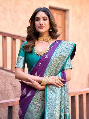 Purple Soft Banarasi Silk With Gold Zari Weaving With Zhallar Saree With Blouse Piece