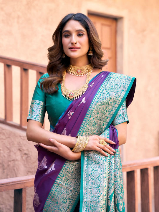 Purple Soft Banarasi Silk With Gold Zari Weaving With Zhallar Saree With Blouse Piece