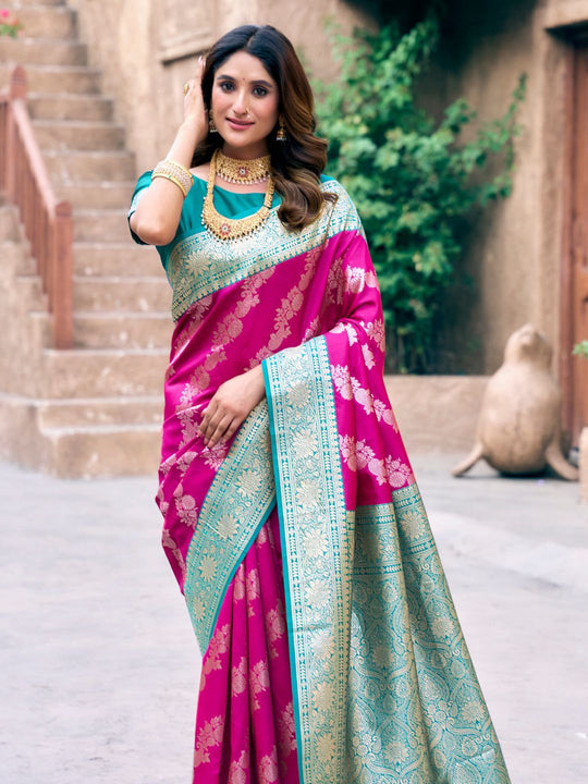 Pink Soft Banarasi Silk With Gold Zari Weaving With Zhallar Saree With Blouse Piece