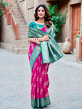 Pink Soft Banarasi Silk With Gold Zari Weaving With Zhallar Saree With Blouse Piece