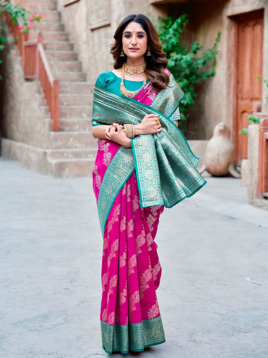 Pink Soft Banarasi Silk With Gold Zari Weaving With Zhallar Saree With Blouse Piece