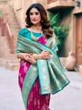Pink Soft Banarasi Silk With Gold Zari Weaving With Zhallar Saree With Blouse Piece