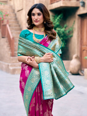 Pink Soft Banarasi Silk With Gold Zari Weaving With Zhallar Saree With Blouse Piece